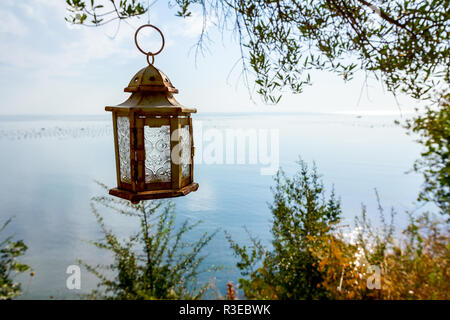 Laterne hängt am Baum hoch über dem offenen Meer. Stockfoto