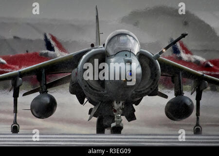 RAF Harrier, informell als der Harrier Jump Jet, ist eine Familie von Jet-powered Angriff Flugzeug, vertikal/kurze Start- und Landebahn Stockfoto