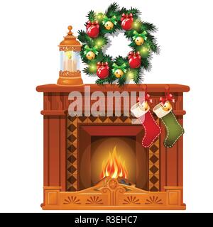 Weihnachten Skizze mit Kamin und Dekorationen, Glaskugeln und Flitter. Skizze für Grußkarten, festliche Poster, Party Einladung. Die Attribute von Weihnachten und das neue Jahr. Vector Illustration. Stock Vektor