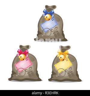 Eine Reihe von jutetaschen mit Geschenken und Buchstaben auf weißem Hintergrund. Skizze von Weihnachten festliche Plakat, Einladung, andere Urlaub Karte. Vektor cartoon Close-up Abbildung. Stock Vektor