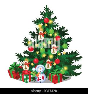 Weihnachtsbaum mit Dekorationen, Geschenkboxen, Christbaumkugeln, Schneemann auf weißem Hintergrund. Skizze von Weihnachten festliche Einladung, Plakat, Party, Urlaub Karte. Vektor cartoon Close-up Abbildung. Stock Vektor