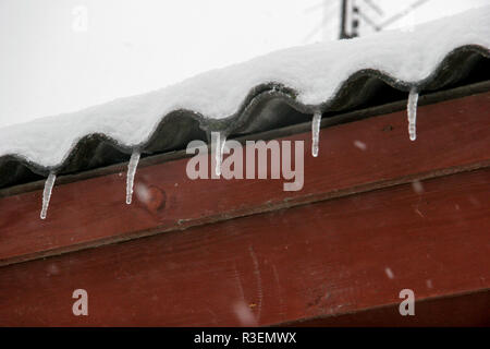 Das Dach des Hauses bedeckt mit Schnee und Eiszapfen. Eiszapfen hängen vom Dach. Winter in Lettland. Eiszapfen hängen von braunes haus dach. Stockfoto