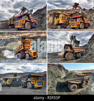 Großen Steinbruch Dump Truck. Laden der Felsen in die Mulde. Laden von Kohle in Body work Truck. Mining Truck Bergbaumaschinen, Kohle vom offenen zum Transport Stockfoto