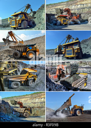 Großen Steinbruch Dump Truck. Laden der Felsen in die Mulde. Laden von Kohle in Body work Truck. Mining Truck Bergbaumaschinen, Kohle vom offenen zum Transport Stockfoto