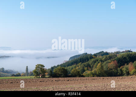 Hohe Nebel auf den Hügeln und in den Tälern in der Nähe von Irsch, Stadt Saarburg, Rheinland-Pfalz, Deutschland, Stockfoto