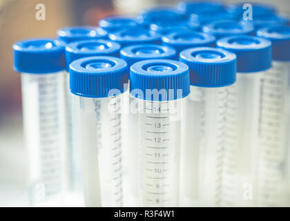 Blau bedeckten Röhrchen in einem Chemielabor. Stockfoto