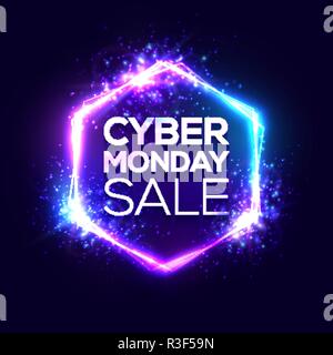 Cyber Monday verkauf Hintergrund mit Neonlicht. Hexagon Logo auf dunkelblau. 3d geometrische Form vector street sign. Rabattkarte für Internet Online Shopping Event. Cyber Monday design Illustration Stock Vektor