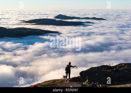 Dichter Nebel umgibt eine große Fläche in Westnorwegen. Kein Wind, Temperaturen knapp über Null C (32 F). Blick vom Gipfel des Mount Ulriken, Bergen, Norwegen abschleppen Stockfoto