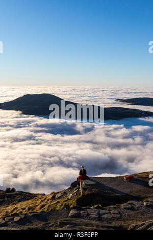 Dichter Nebel umgibt eine große Fläche in Westnorwegen. Kein Wind, Temperaturen knapp über Null C (32 F). Blick vom Gipfel des Mount Ulriken, Bergen, Norwegen abschleppen Stockfoto