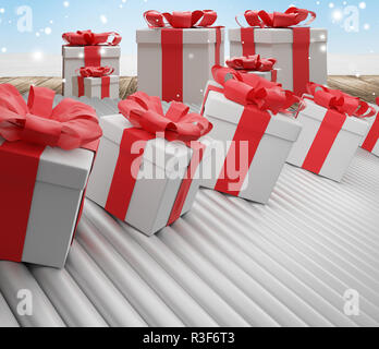 Reihe von Weihnachtsgeschenken Kästen auf Förderband 3D-Darstellung Stockfoto