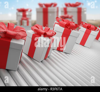 Reihe von Weihnachtsgeschenken Kästen auf Förderband 3D-Darstellung Stockfoto