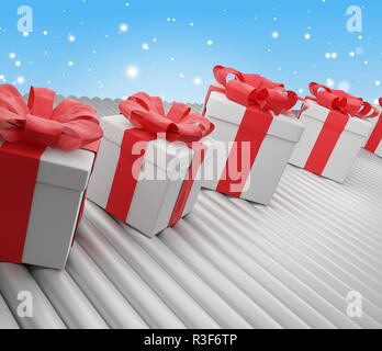 Reihe von Weihnachtsgeschenken Kästen auf Förderband 3D-Darstellung Stockfoto