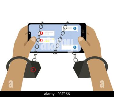 Die Hände in den Handschellen halten ein Smartphone. Die Abhängigkeit von sozialen Netzwerken. Vector Illustration. Stock Vektor