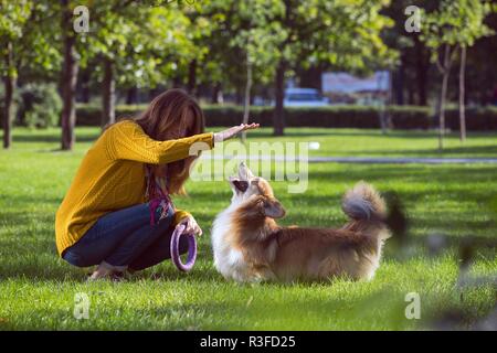 Mädchen und Hund corgi Fuß in den Park Stockfoto