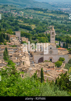 Panoramablick in Assisi mit der Basilika Santa Chiara. Umbrien, Italien. Stockfoto