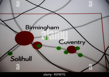 Birmingham und Coventry Karte Stockfoto