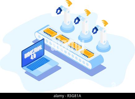 Isometrische Factory Automation, Industrie 4.0, Internet der Dinge, Vector Illustration für angeschlossene Geräte über verschiedene Symbole Stock Vektor