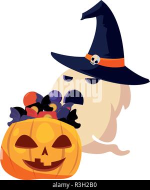 Geist und Kürbis Süßigkeiten Halloween Feier Vector Illustration Stock Vektor