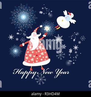 Hellen festlichen frohe Weihnachten Grußkarten mit Santa Claus auf einem blauen Hintergrund mit Schneeflocken Stock Vektor