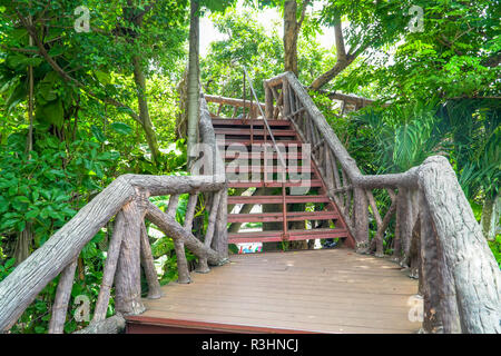 Wendeltreppe mit Holz, die einen Weg durch den Dschungel mit Bäumen, Dam Metallleiter Stockfoto