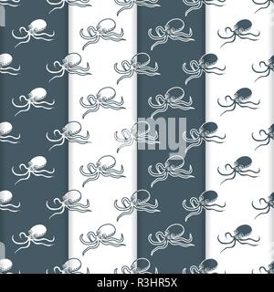 Satz 4 Vector nahtlose Muster mit Kraken. Meer Einwohner. Tiere unter Wasser. Design für die Verpackung, Stoff, marine Hintergrund drucken. Stock Vektor