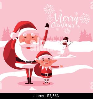 Santa Claus Weihnachten mit Helfer und Schneemann Vector Illustration Design Stock Vektor