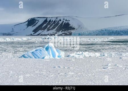 Palanderbukta, Eiskappe und Packeis, Gustav Adolf Land, Nordaustlandet, Svalbard, Norwegen Stockfoto