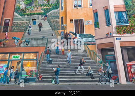 Mur des Canuts oder an den Wänden der Seide Arbeiter, La Croix Rousse, Lyon, Rhône-Alpes, Frankreich Stockfoto