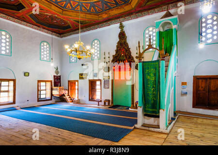 King's Moschee, Xhamia Mbret, Gebet Hall, aus Holz geschnitzte Decke, Berat, Albanien Stockfoto
