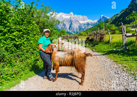 Schäferin und ihre Ziegen, Thethi Dorf Thethi Tal, Albanien Stockfoto