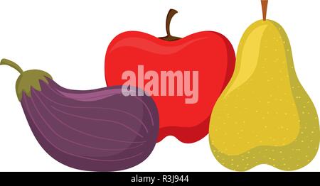 Aubergine mit Apfel und Birne auf weißem Hintergrund, Vector Illustration Stock Vektor