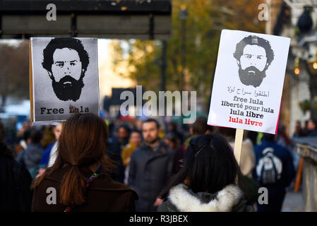Kostenlose Lula Plakate von den Frauen in London durchgeführt. Luiz Inacio Lula da Silva, ehemaliger Präsident von Brasilien gefangengesetzt für Geldwäsche. Lula libre. Protest Stockfoto