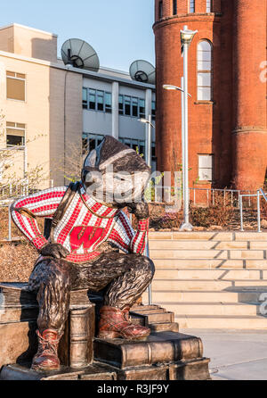 MADISON, WISCONSIN - 07. MAI 2018: eine Skulptur von Bucky Dachs, der mit dem Titel "Rot" von Bildhauer Douwe Blumberg und Glas Künstler Dan Neil Barnes. Stockfoto