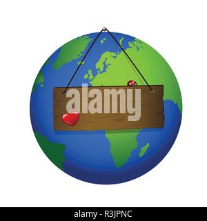 Holz- Zeichen auf dem Planeten Erde mit roten Herzen und Marienkäfer Vektor-illustration EPS 10. Stock Vektor