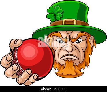 Leprechaun Holding Cricket Ball Sport Maskottchen Stock Vektor