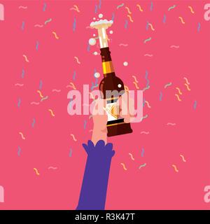 Hand eine Bierflasche auf rosa Hintergrund, Vector Illustration Stock Vektor