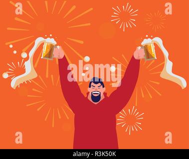 Cartoon aufgeregt Mann einen bierkrüge über orange Hintergrund, Vector Illustration Stock Vektor