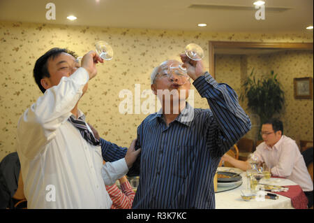 China, miyun County, Peking Provinz, Ju Gezhuang. Zwei chinesische Männer trinken Wein bei einem Abendessen. Stockfoto