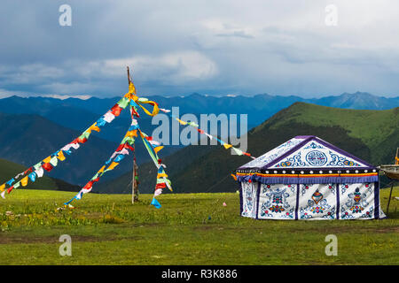 Tibetische Jurten auf der Wiese, Litang, westliches Sichuan, China Stockfoto