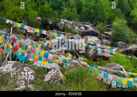 Buddhistische Worte auf Felsen gemalt und betet Fahnen durch den Fluss, Tagong, Western Sichuan, China Stockfoto