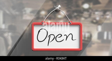 Öffnen, handschriftlichen Text. Mit rotem Rahmen hängend auf Glas Schaufensterfront. 3D-Darstellung Stockfoto