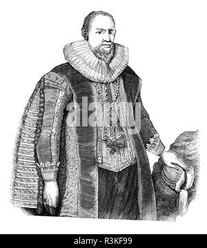 Sir Hugh Myddelton (oder Middleton), 1st Baronet (1560-1631) war ein Walisischer clothmaker, Unternehmer, Mine - Inhaber, Bankier, autodidaktischer Ingenieur und wurde ein erfolgreicher Goldschmied und Juwelier war Royal von König James I. im Jahre 1603 ernannte sein Vater als MP für Denbeigh Stadtbezirke, die er bis 1628 blieb. Myddelton ist jedoch am besten als die treibende Kraft für den Bau der Neuen Fluss, ein ehrgeiziges Engineering Projekt sauberes Wasser aus dem Fluss Lea, in der Nähe von Ware zu bringen gedachte, in Hertfordshire zu Neuen Fluss Head, London zwischen 1608 und 1613 gebaut. Stockfoto