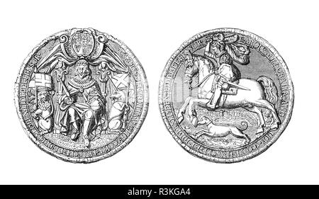 Das große Siegel von Charles I (1600-1649) Monarch über die drei Königreiche von England, Schottland und Irland vom 27. März 1625 bis zu seiner Hinrichtung im Jahre 1649. Er wurde in das Haus des Stuart als zweiter Sohn von König James VI. von Schottland geboren, aber nach seinem Vater, den englischen Thron im Jahre 1603 erbte er nach England, wo er auch den Rest seines Lebens verbrachte. Er Thronfolger auf den Thron von England, Schottland und Irland über den Tod seines älteren Bruders, Heinrich Friedrich, Prinz von Wales, 1612. Stockfoto