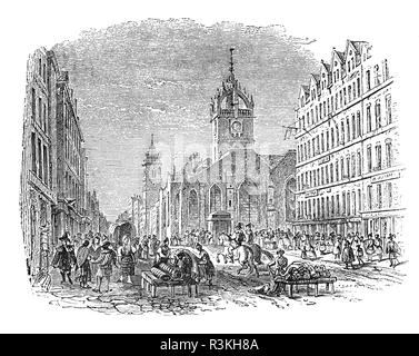 St Giles' Cathedral, auch als die Hohe Kirk von Edinburgh bekannt ist, ist der Sitz der Gottesdienst der Kirche von Schottland, Edinburgh. Seinen unverwechselbaren Krone Kirchturm ist ein wichtiges Merkmal der Skyline der Stadt, auf etwa ein Drittel der Weg nach unten die Royal Mile, die von der Burg auf dem Holyrood Palace. Es stammt aus dem späten 14. Jahrhundert, obwohl es weitgehend im 19. Jahrhundert restauriert wurde, und wird manchmal als "andere Kirche der Presbyterianismus', der Altstadt von Edinburgh, Schottland. Darüber hinaus ist die Alte Tron Kirche. Stockfoto