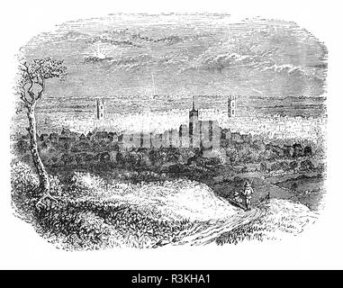 Lesung in der Themse Tal an der Mündung der Themse und die Kennet, ist eine große, historisch wichtige Münster Stadt in Berkshire, England, von denen es jetzt die Kreisstadt. Hier von Caversham Hügel gesehen. Im Bürgerkrieg gab es heftige Kämpfe um Caversham für kurze Zeit im April 1643. Lesen musste von Royalisten gehalten worden und wurde durch eine parlamentarische Kraft unter dem Grafen von Essex belagert. Royalisten marschierten südlich von Oxford, um zu versuchen, die Verteidiger der Stadt zu entlasten, aber schwer geschlagen, und die Stadt fiel auf die Parlamentarier ein paar Tage später. Stockfoto