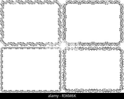 Satz von vier schwarzen Schablone blumen Frames mit interlaced Linien im Viktorianischen Stil, isolierte Vektor auf dem weißen Hintergrund als Designer pos Stock Vektor