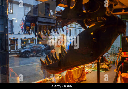 Die Alte Schmiede Fossil Shop in Lyme Regis West Dorset Großbritannien mit Tyrannosaurus rex Modell im Fenster Stockfoto