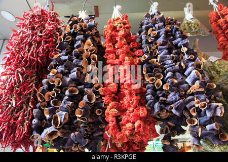 Türkei, Istanbul, Straßenhändler Exponate getrockneten Schalen von Auberginen, Paprika und winzige hot chili peppers zum Kochen verwendet. Stockfoto