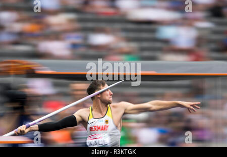 Berlin, Deutschland. 08 Aug, 2018. Niklas KAUL, Deutschland, Aktion, dynamische, verwischt, decathlon Javelin, 08.08.2018 Europäische Leichtathletik WM 2018 in Berlin/Deutschland vom 06.08. - 12.08.2018. | Verwendung der weltweiten Kredit: dpa/Alamy leben Nachrichten Stockfoto