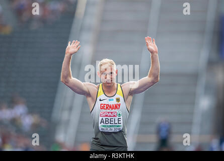 Berlin, Deutschland. 08 Aug, 2018. Arthur ABELE, Deutschland, Geste, Gestik, decathlon Javelin, auf 08.08.2018 Europäische Leichtathletik WM 2018 in Berlin/Deutschland vom 06.08. - 12.08.2018. | Verwendung der weltweiten Kredit: dpa/Alamy leben Nachrichten Stockfoto